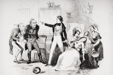 Nicholas congratulates Arthur Gride on his wedding morning, illustration from 